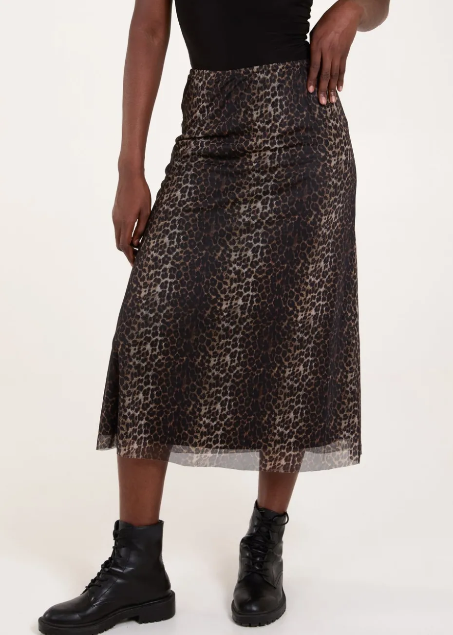 Blue Vanilla Brown Leopard Mesh Midi Skirt