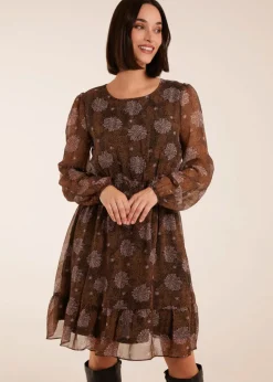 Blue Vanilla Brown Pattern Shirred Mini Dress