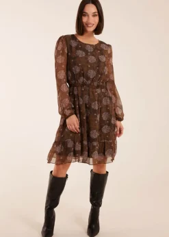 Blue Vanilla Brown Pattern Shirred Mini Dress