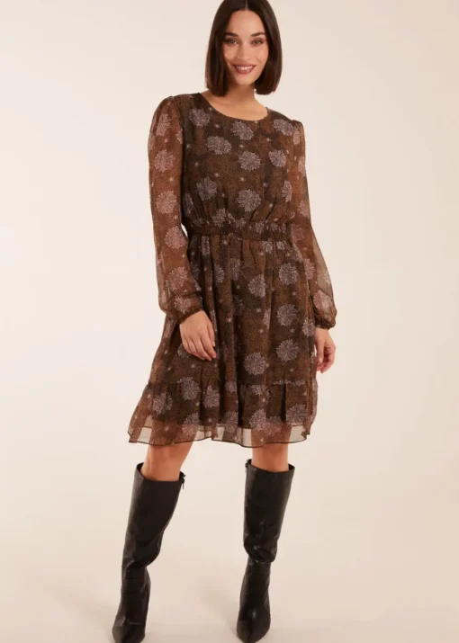Blue Vanilla Brown Pattern Shirred Mini Dress