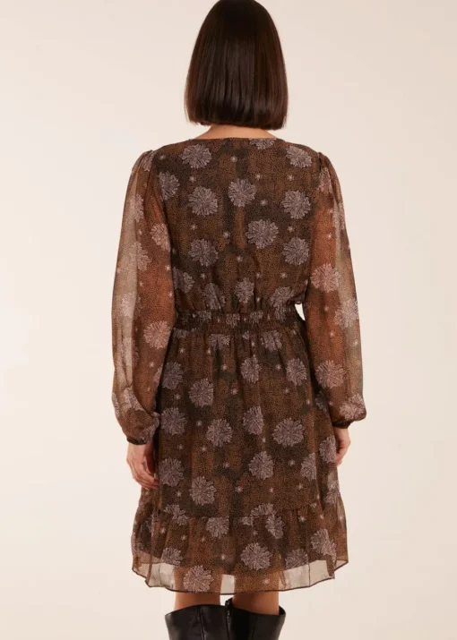Blue Vanilla Brown Pattern Shirred Mini Dress