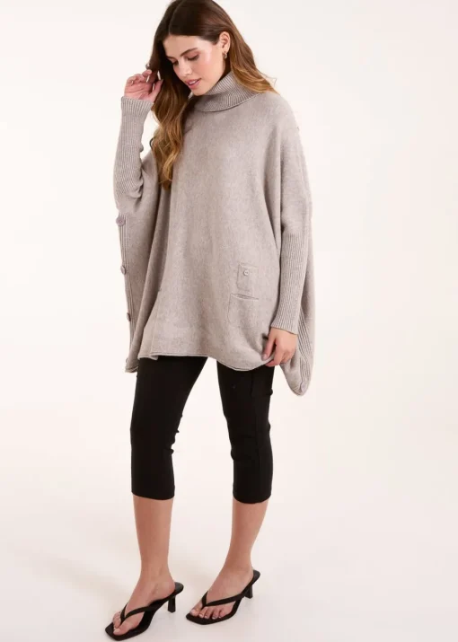 Blue Vanilla Brown Roll Neck Button Mini Pocket Jumper