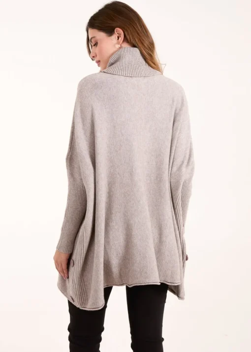 Blue Vanilla Brown Roll Neck Button Mini Pocket Jumper