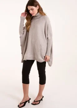 Blue Vanilla Brown Roll Neck Button Mini Pocket Jumper