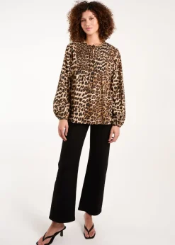 Blue Vanilla Brown Shirred Front Tie Neck Blouse