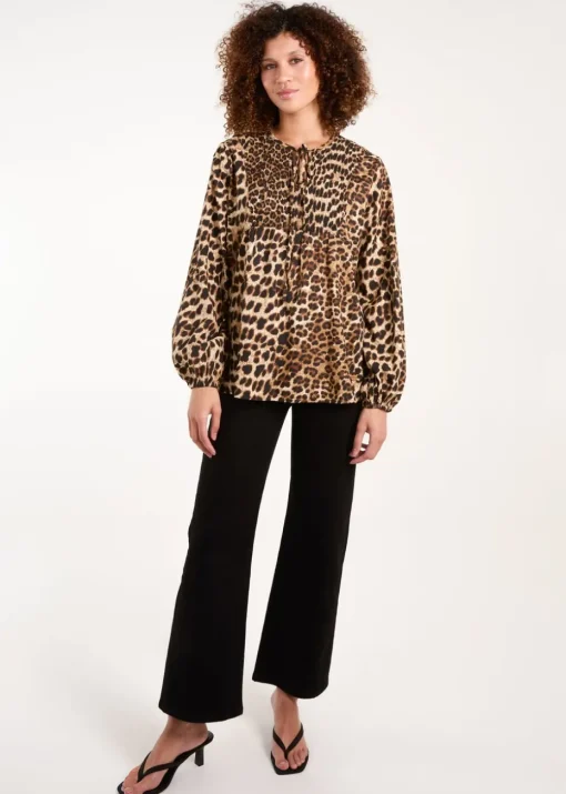 Blue Vanilla Brown Shirred Front Tie Neck Blouse