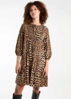 Blue Vanilla Brown Shirred Front Tie Neck Smock Dress