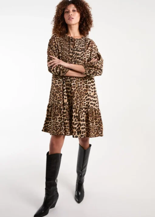 Blue Vanilla Brown Shirred Front Tie Neck Smock Dress