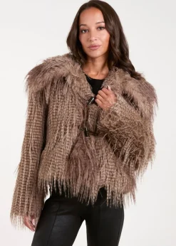 Blue Vanilla Brown Toggle Detail Faux Fur Coat