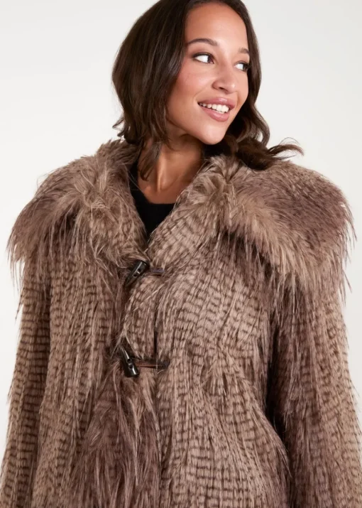 Blue Vanilla Brown Toggle Detail Faux Fur Coat