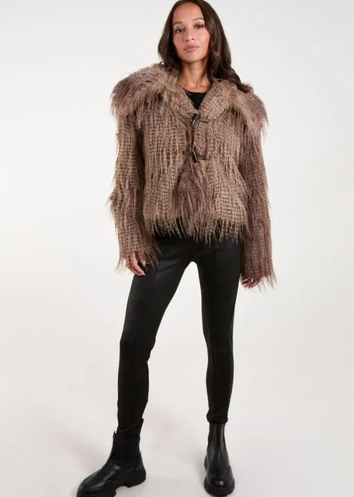 Blue Vanilla Brown Toggle Detail Faux Fur Coat