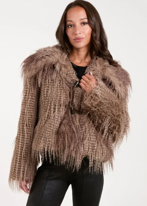 Blue Vanilla Brown Toggle Detail Faux Fur Coat