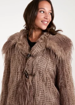 Blue Vanilla Brown Toggle Detail Faux Fur Coat