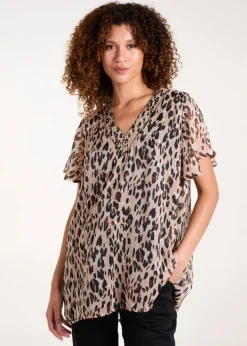 Blue Vanilla Brown V Neck Animal Tunic Top