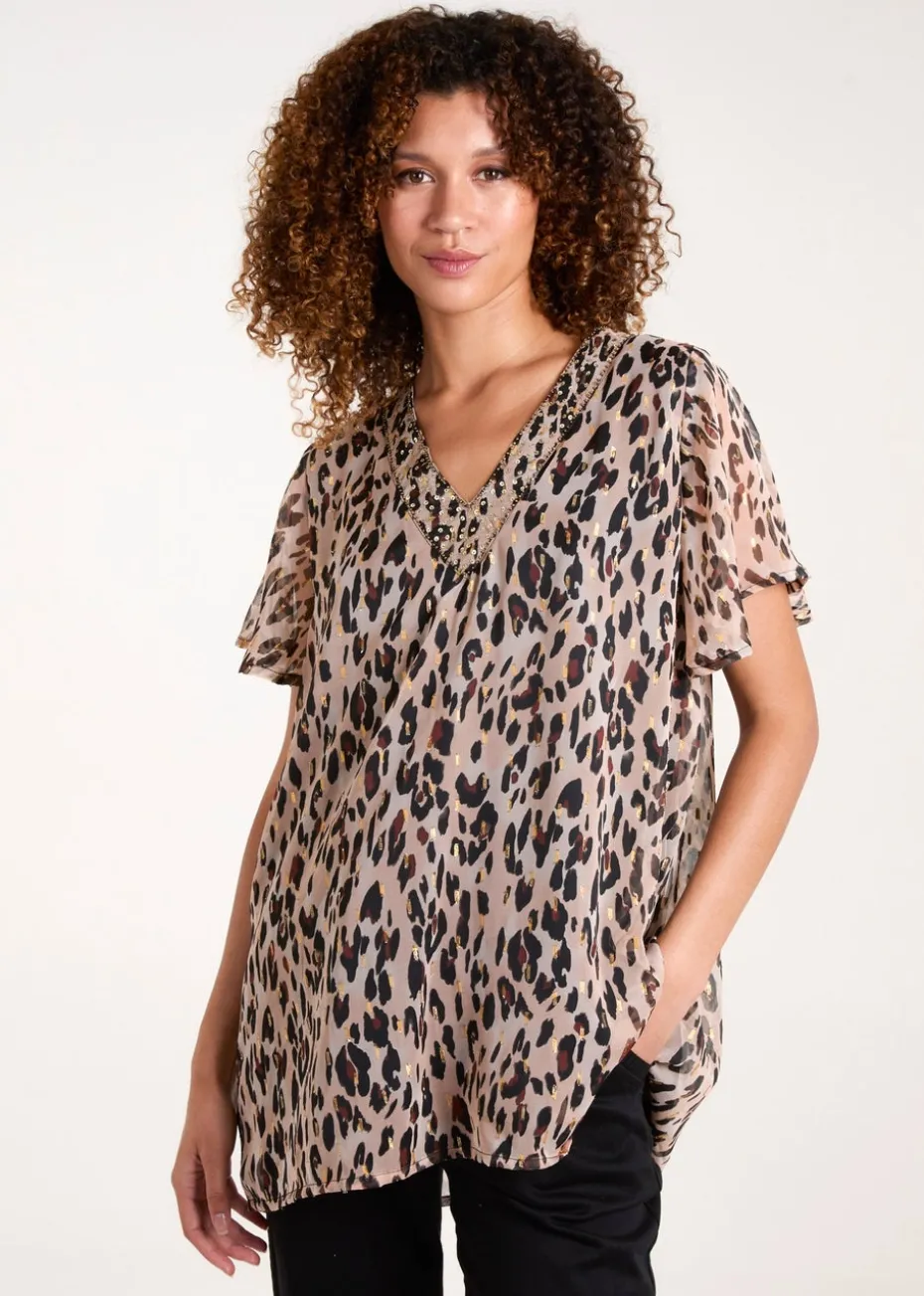 Blue Vanilla Brown V Neck Animal Tunic Top