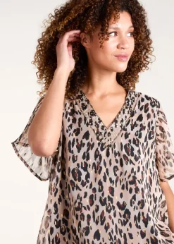 Blue Vanilla Brown V Neck Animal Tunic Top