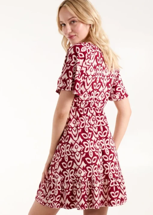 Blue Vanilla Burgundy Button Through Elastic Waist Mini Dress