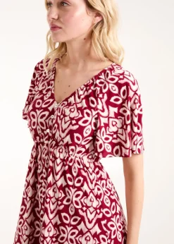 Blue Vanilla Burgundy Button Through Elastic Waist Mini Dress