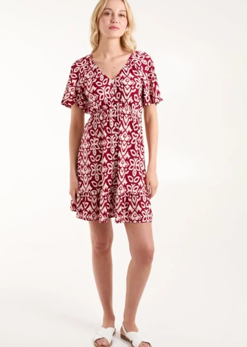 Blue Vanilla Burgundy Button Through Elastic Waist Mini Dress