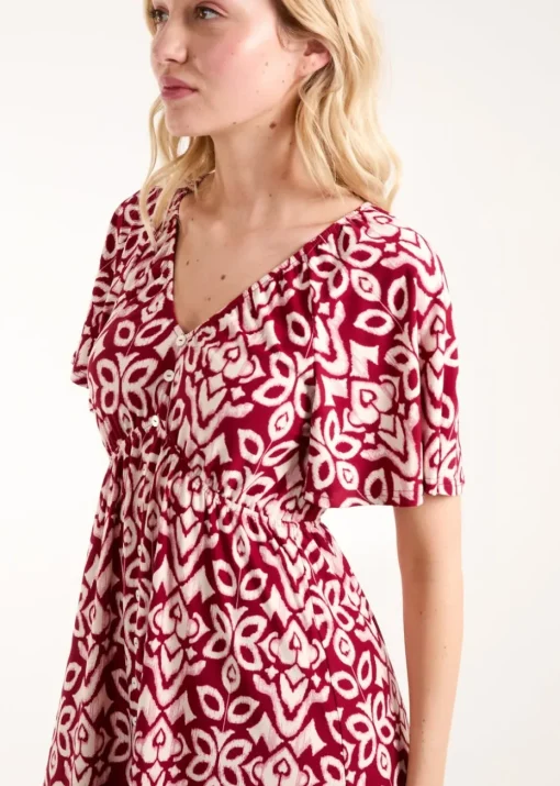 Blue Vanilla Burgundy Button Through Elastic Waist Mini Dress