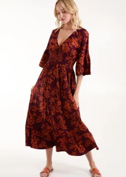 Blue Vanilla Burgundy Elasticated Neck Shirred Waist Midi Dress