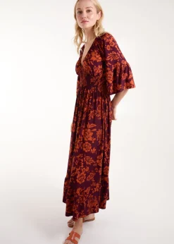 Blue Vanilla Burgundy Elasticated Neck Shirred Waist Midi Dress