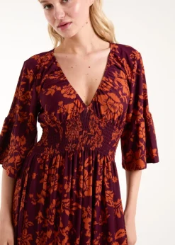 Blue Vanilla Burgundy Elasticated Neck Shirred Waist Midi Dress