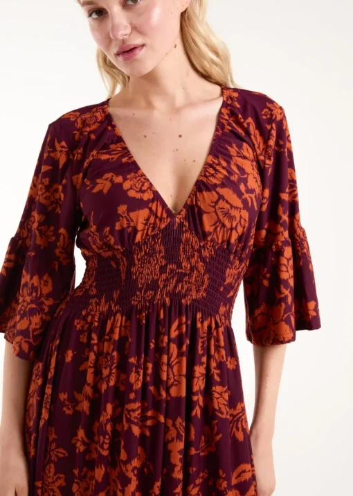 Blue Vanilla Burgundy Elasticated Neck Shirred Waist Midi Dress