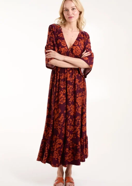Blue Vanilla Burgundy Elasticated Neck Shirred Waist Midi Dress