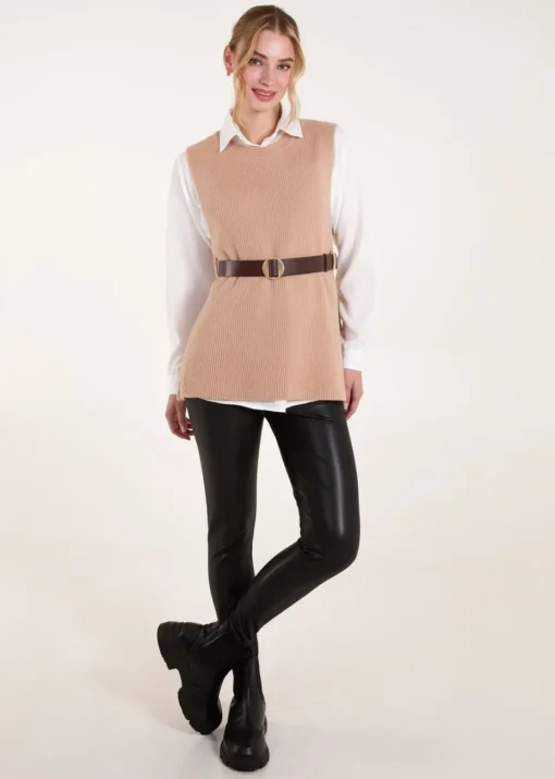 Blue Vanilla Camel Ribbed Knit Vest Blouse