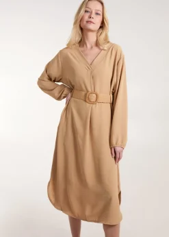 Blue Vanilla Camel V Neck Long Sleeve Dress With Belt