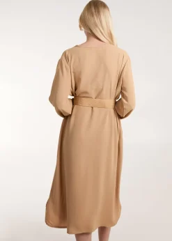 Blue Vanilla Camel V Neck Long Sleeve Dress With Belt