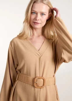 Blue Vanilla Camel V Neck Long Sleeve Dress With Belt