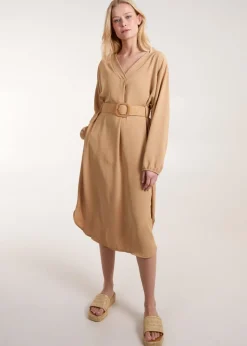 Blue Vanilla Camel V Neck Long Sleeve Dress With Belt