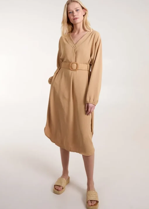 Blue Vanilla Camel V Neck Long Sleeve Dress With Belt