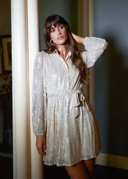 Blue Vanilla Champagne Sequin Shirt Dress