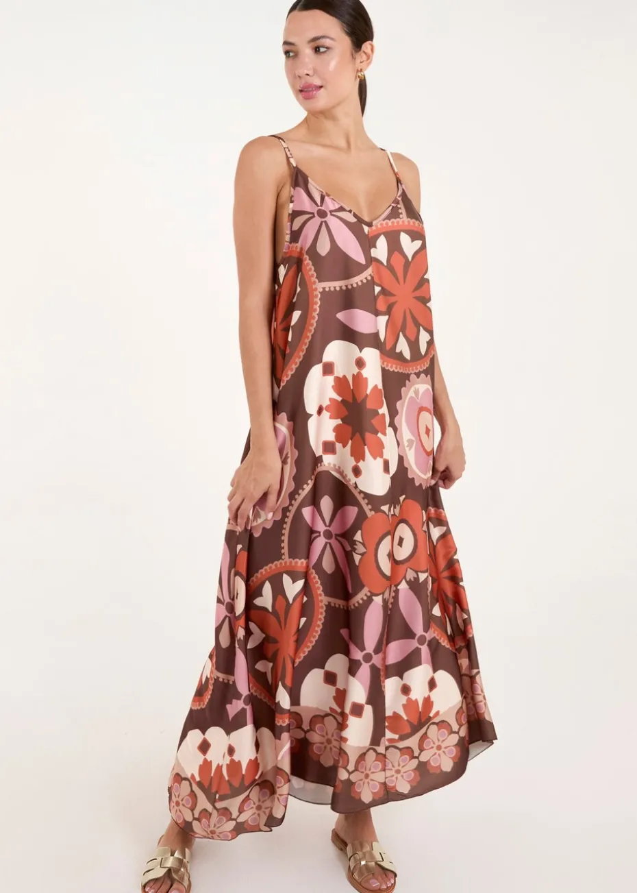 Blue Vanilla Chocolate Abstract Printed Cami V Neck Maxi Dress