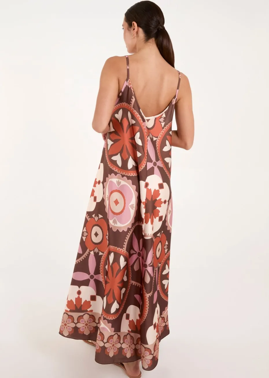 Blue Vanilla Chocolate Abstract Printed Cami V Neck Maxi Dress