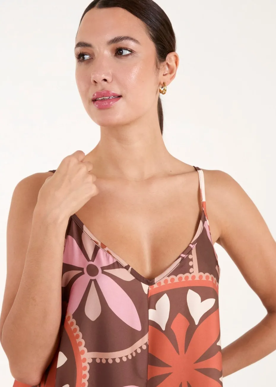 Blue Vanilla Chocolate Abstract Printed Cami V Neck Maxi Dress