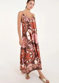 Blue Vanilla Chocolate Abstract Printed Cami V Neck Maxi Dress