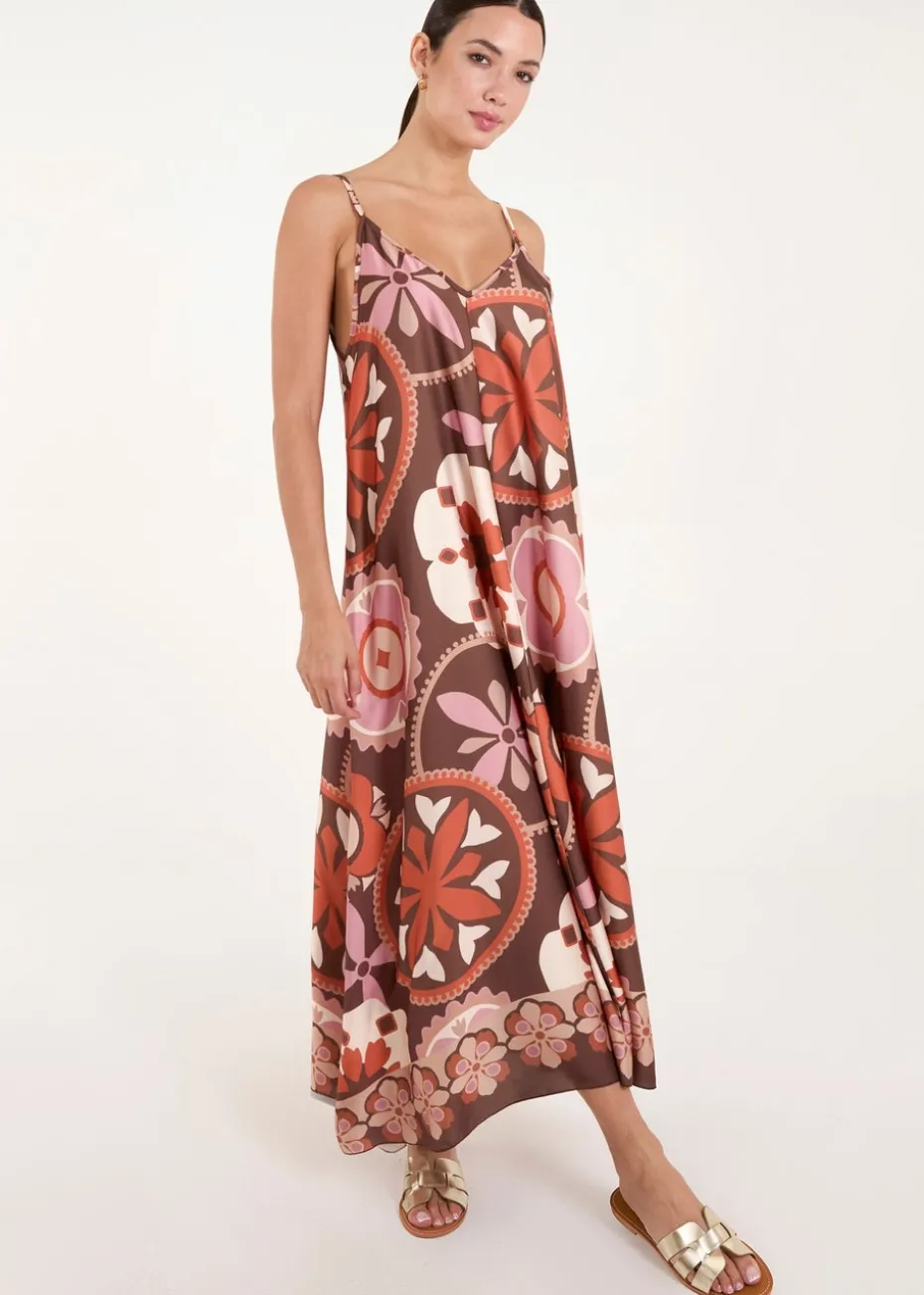Blue Vanilla Chocolate Abstract Printed Cami V Neck Maxi Dress