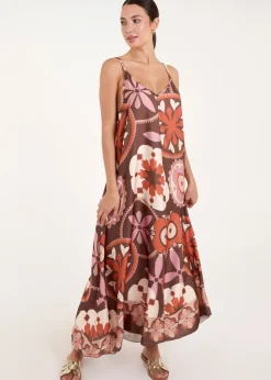 Blue Vanilla Chocolate Abstract Printed Cami V Neck Maxi Dress