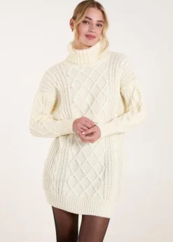 Blue Vanilla Cream Cable Knit Roll Neck Jumper Dress