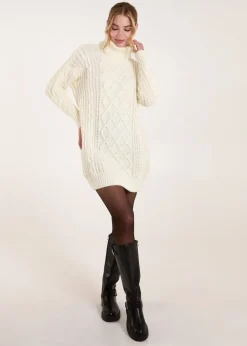 Blue Vanilla Cream Cable Knit Roll Neck Jumper Dress
