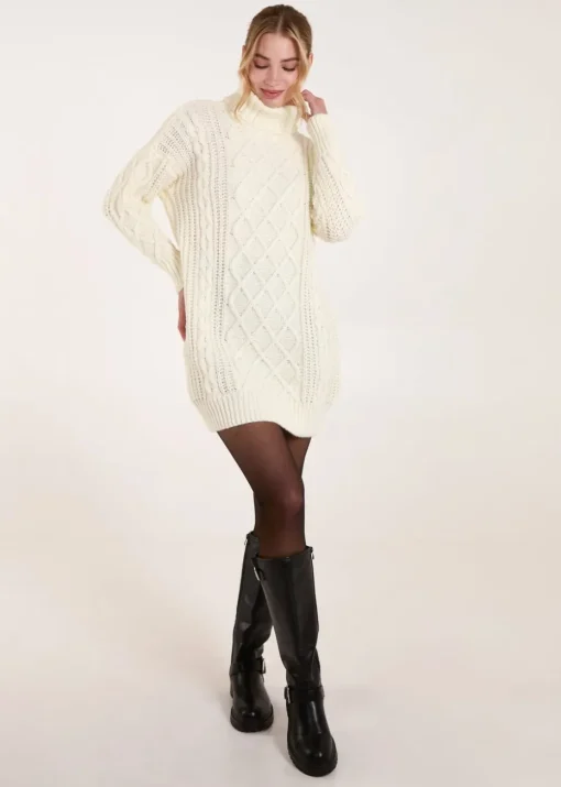 Blue Vanilla Cream Cable Knit Roll Neck Jumper Dress
