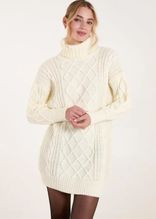 Blue Vanilla Cream Cable Knit Roll Neck Jumper Dress