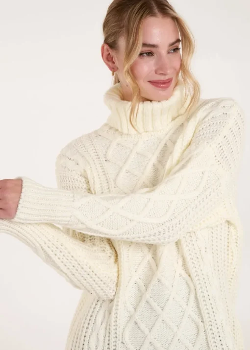 Blue Vanilla Cream Cable Knit Roll Neck Jumper Dress