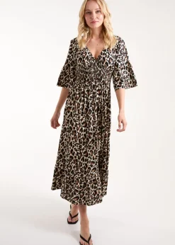 Blue Vanilla Cream Leopard Print Elasticated Neck Shirred Waist Midi Dress