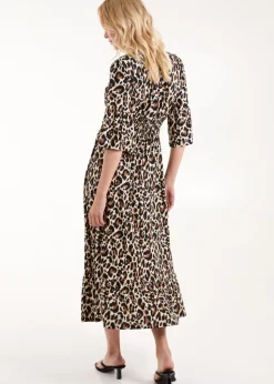 Blue Vanilla Cream Leopard Print Elasticated Neck Shirred Waist Midi Dress
