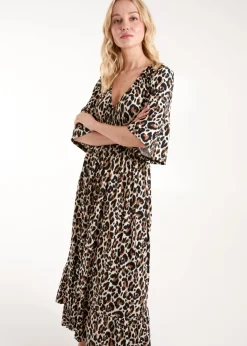 Blue Vanilla Cream Leopard Print Elasticated Neck Shirred Waist Midi Dress